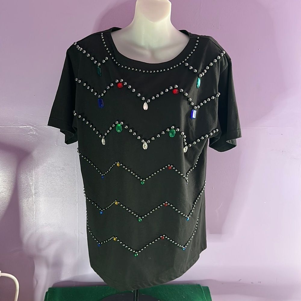 Oleg Cassini Women’s Black Embellished Short Sleeve Blouse Top Size Small